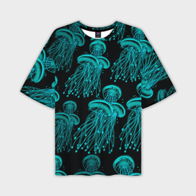 Мужская футболка oversize 3D с принтом Синие неоновые медузы в Белгороде,  |  | 