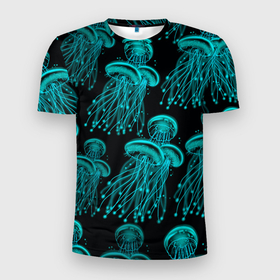 Мужская футболка 3D Slim с принтом Синие неоновые медузы в Белгороде, 100% полиэстер с улучшенными характеристиками | приталенный силуэт, круглая горловина, широкие плечи, сужается к линии бедра | 