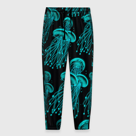 Мужские брюки 3D с принтом Синие неоновые медузы в Петрозаводске, 100% полиэстер | манжеты по низу, эластичный пояс регулируется шнурком, по бокам два кармана без застежек, внутренняя часть кармана из мелкой сетки | 
