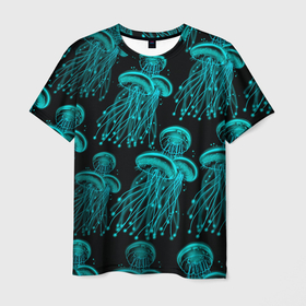 Мужская футболка 3D с принтом Синие неоновые медузы в Петрозаводске, 100% полиэфир | прямой крой, круглый вырез горловины, длина до линии бедер | Тематика изображения на принте: 