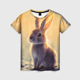 Женская футболка 3D с принтом Кролик в лучах света в Белгороде, 100% полиэфир ( синтетическое хлопкоподобное полотно) | прямой крой, круглый вырез горловины, длина до линии бедер | 