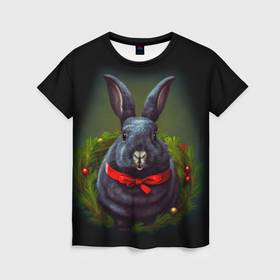 Женская футболка 3D с принтом Черный водяной кролик с ленточкой в Белгороде, 100% полиэфир ( синтетическое хлопкоподобное полотно) | прямой крой, круглый вырез горловины, длина до линии бедер | 