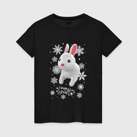 Женская футболка хлопок с принтом Серый кролик и снежинки в Екатеринбурге, 100% хлопок | прямой крой, круглый вырез горловины, длина до линии бедер, слегка спущенное плечо | 