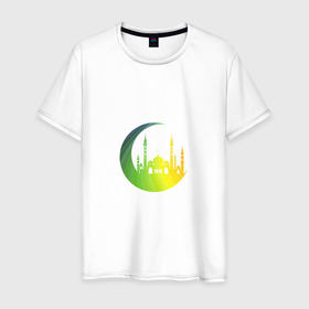 Мужская футболка хлопок с принтом Мечеть на рассвете в Санкт-Петербурге, 100% хлопок | прямой крой, круглый вырез горловины, длина до линии бедер, слегка спущенное плечо. | 