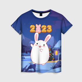 Женская футболка 3D с принтом Круглый кролик  2023 в Белгороде, 100% полиэфир ( синтетическое хлопкоподобное полотно) | прямой крой, круглый вырез горловины, длина до линии бедер | 