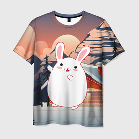 Мужская футболка 3D с принтом Круглый кролик   новый год в Екатеринбурге, 100% полиэфир | прямой крой, круглый вырез горловины, длина до линии бедер | Тематика изображения на принте: 