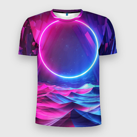 Мужская футболка 3D Slim с принтом Круг и разноцветные кристаллы   vaporwave , 100% полиэстер с улучшенными характеристиками | приталенный силуэт, круглая горловина, широкие плечи, сужается к линии бедра | Тематика изображения на принте: 