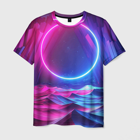 Мужская футболка 3D с принтом Круг и разноцветные кристаллы   vaporwave в Санкт-Петербурге, 100% полиэфир | прямой крой, круглый вырез горловины, длина до линии бедер | 