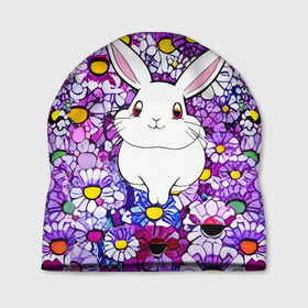 Шапка 3D с принтом Веселый кролик в цветах в Курске, 100% полиэстер | универсальный размер, печать по всей поверхности изделия | 
