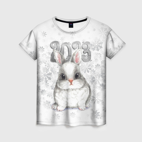 Женская футболка 3D с принтом Белый кролик и снежинки 2023 в Екатеринбурге, 100% полиэфир ( синтетическое хлопкоподобное полотно) | прямой крой, круглый вырез горловины, длина до линии бедер | 