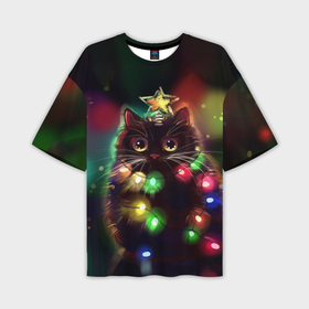 Мужская футболка OVERSIZE 3D с принтом Новогодний котик с гирляндой в Курске,  |  | 