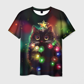 Мужская футболка 3D с принтом Новогодний котик с гирляндой в Санкт-Петербурге, 100% полиэфир | прямой крой, круглый вырез горловины, длина до линии бедер | 