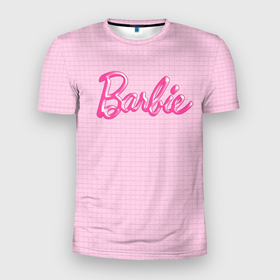 Мужская футболка 3D Slim с принтом Барби   логотип на клетчатом фоне в Тюмени, 100% полиэстер с улучшенными характеристиками | приталенный силуэт, круглая горловина, широкие плечи, сужается к линии бедра | 