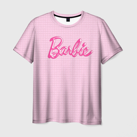 Мужская футболка 3D с принтом Барби   логотип на клетчатом фоне в Кировске, 100% полиэфир | прямой крой, круглый вырез горловины, длина до линии бедер | 