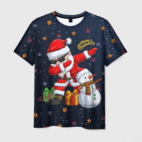 Мужская футболка 3D с принтом Санта Клаус, снеговик и подарки , 100% полиэфир | прямой крой, круглый вырез горловины, длина до линии бедер | 