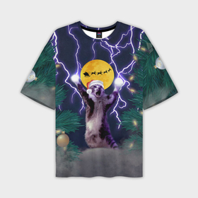 Мужская футболка OVERSIZE 3D с принтом Новогодний кот с молниями ,  |  | 