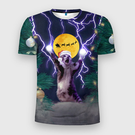 Мужская футболка 3D Slim с принтом Новогодний кот с молниями в Курске, 100% полиэстер с улучшенными характеристиками | приталенный силуэт, круглая горловина, широкие плечи, сужается к линии бедра | Тематика изображения на принте: 