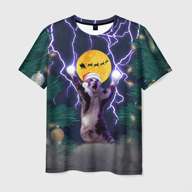 Мужская футболка 3D с принтом Новогодний кот с молниями , 100% полиэфир | прямой крой, круглый вырез горловины, длина до линии бедер | 