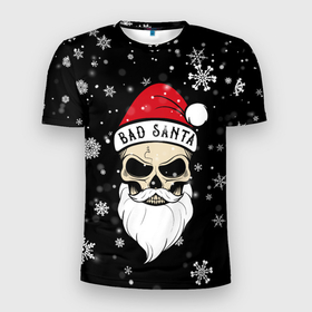 Мужская футболка 3D Slim с принтом Christmas Bad Santa в Екатеринбурге, 100% полиэстер с улучшенными характеристиками | приталенный силуэт, круглая горловина, широкие плечи, сужается к линии бедра | 