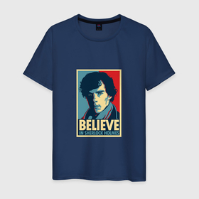 Мужская футболка хлопок с принтом Believe in Sherlock в Санкт-Петербурге, 100% хлопок | прямой крой, круглый вырез горловины, длина до линии бедер, слегка спущенное плечо. | Тематика изображения на принте: 