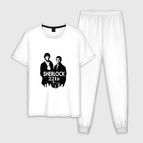 Мужская пижама хлопок с принтом Sherlock 221B в Тюмени, 100% хлопок | брюки и футболка прямого кроя, без карманов, на брюках мягкая резинка на поясе и по низу штанин
 | 