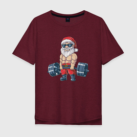 Мужская футболка хлопок Oversize с принтом Санта силач в Екатеринбурге, 100% хлопок | свободный крой, круглый ворот, “спинка” длиннее передней части | 