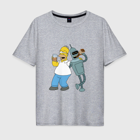 Мужская футболка хлопок Oversize с принтом Drunk Homer and Bender в Санкт-Петербурге, 100% хлопок | свободный крой, круглый ворот, “спинка” длиннее передней части | Тематика изображения на принте: 