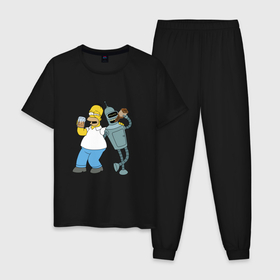 Мужская пижама хлопок с принтом Drunk Homer and Bender в Курске, 100% хлопок | брюки и футболка прямого кроя, без карманов, на брюках мягкая резинка на поясе и по низу штанин
 | 