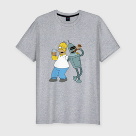 Мужская футболка хлопок Slim с принтом Drunk Homer and Bender в Курске, 92% хлопок, 8% лайкра | приталенный силуэт, круглый вырез ворота, длина до линии бедра, короткий рукав | 