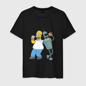 Мужская футболка хлопок с принтом Drunk Homer and Bender в Курске, 100% хлопок | прямой крой, круглый вырез горловины, длина до линии бедер, слегка спущенное плечо. | 