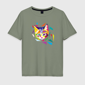 Мужская футболка хлопок Oversize с принтом Портрет милого котенка в современном геометрическом стиле wpap в Екатеринбурге, 100% хлопок | свободный крой, круглый ворот, “спинка” длиннее передней части | 