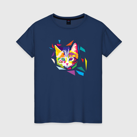 Женская футболка хлопок с принтом Портрет милого котенка в современном геометрическом стиле wpap в Екатеринбурге, 100% хлопок | прямой крой, круглый вырез горловины, длина до линии бедер, слегка спущенное плечо | 