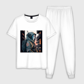 Мужская пижама хлопок с принтом Cyberpunk samurai Japan girl в Белгороде, 100% хлопок | брюки и футболка прямого кроя, без карманов, на брюках мягкая резинка на поясе и по низу штанин
 | 