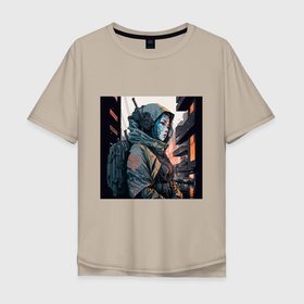 Мужская футболка хлопок Oversize с принтом Cyberpunk samurai Japan girl в Тюмени, 100% хлопок | свободный крой, круглый ворот, “спинка” длиннее передней части | 