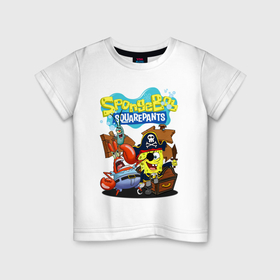 Детская футболка хлопок с принтом Губка Боб пират в Тюмени, 100% хлопок | круглый вырез горловины, полуприлегающий силуэт, длина до линии бедер | 
