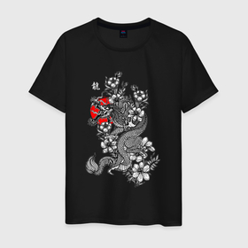 Мужская футболка хлопок с принтом Дракон с японскими цветами в Белгороде, 100% хлопок | прямой крой, круглый вырез горловины, длина до линии бедер, слегка спущенное плечо. | 