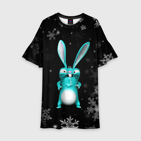Детское платье 3D с принтом Cheeky rabbit celebrates the new year в Петрозаводске, 100% полиэстер | прямой силуэт, чуть расширенный к низу. Круглая горловина, на рукавах — воланы | 