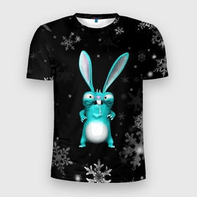 Мужская футболка 3D Slim с принтом Cheeky rabbit celebrates the new year в Екатеринбурге, 100% полиэстер с улучшенными характеристиками | приталенный силуэт, круглая горловина, широкие плечи, сужается к линии бедра | 
