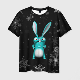 Мужская футболка 3D с принтом Cheeky rabbit celebrates the new year в Петрозаводске, 100% полиэфир | прямой крой, круглый вырез горловины, длина до линии бедер | 