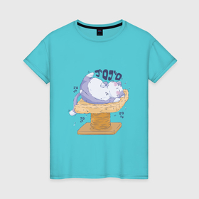 Женская футболка хлопок с принтом Японский кавайный кот и домик когтеточка в Кировске, 100% хлопок | прямой крой, круглый вырез горловины, длина до линии бедер, слегка спущенное плечо | 
