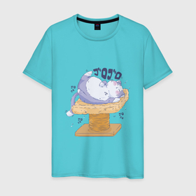Мужская футболка хлопок с принтом Японский кавайный кот и домик когтеточка в Санкт-Петербурге, 100% хлопок | прямой крой, круглый вырез горловины, длина до линии бедер, слегка спущенное плечо. | 