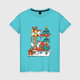Женская футболка хлопок с принтом Новогодние котята на домике с ёлками в Санкт-Петербурге, 100% хлопок | прямой крой, круглый вырез горловины, длина до линии бедер, слегка спущенное плечо | 
