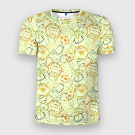 Мужская футболка 3D Slim с принтом Мячи спортивные и шайба в Екатеринбурге, 100% полиэстер с улучшенными характеристиками | приталенный силуэт, круглая горловина, широкие плечи, сужается к линии бедра | 