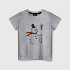 Детская футболка хлопок с принтом Новогодний снеговик с метлой в Кировске, 100% хлопок | круглый вырез горловины, полуприлегающий силуэт, длина до линии бедер | Тематика изображения на принте: 