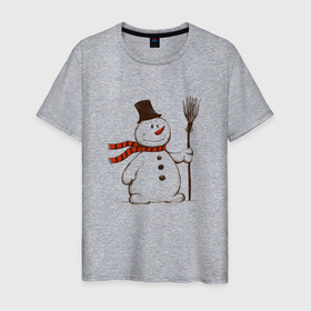 Мужская футболка хлопок с принтом Новогодний снеговик с метлой в Тюмени, 100% хлопок | прямой крой, круглый вырез горловины, длина до линии бедер, слегка спущенное плечо. | 