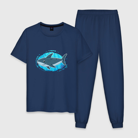 Мужская пижама хлопок с принтом Мультяшная акула под водой в Тюмени, 100% хлопок | брюки и футболка прямого кроя, без карманов, на брюках мягкая резинка на поясе и по низу штанин
 | Тематика изображения на принте: 