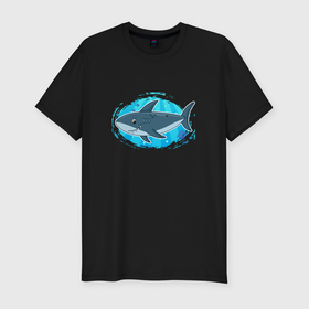 Мужская футболка хлопок Slim с принтом Мультяшная акула под водой в Курске, 92% хлопок, 8% лайкра | приталенный силуэт, круглый вырез ворота, длина до линии бедра, короткий рукав | 