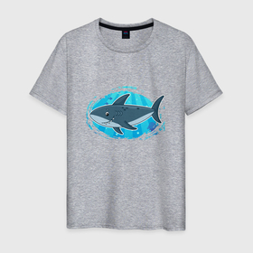 Мужская футболка хлопок с принтом Мультяшная акула под водой в Кировске, 100% хлопок | прямой крой, круглый вырез горловины, длина до линии бедер, слегка спущенное плечо. | Тематика изображения на принте: 