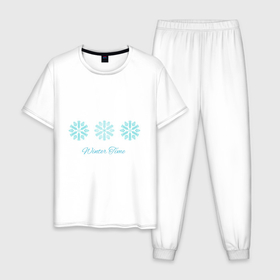 Мужская пижама хлопок с принтом Winter time with blue snowflakes , 100% хлопок | брюки и футболка прямого кроя, без карманов, на брюках мягкая резинка на поясе и по низу штанин
 | 