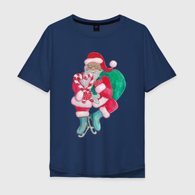 Мужская футболка хлопок Oversize с принтом Санта Клаус с мешком подарков на коньках в Екатеринбурге, 100% хлопок | свободный крой, круглый ворот, “спинка” длиннее передней части | 